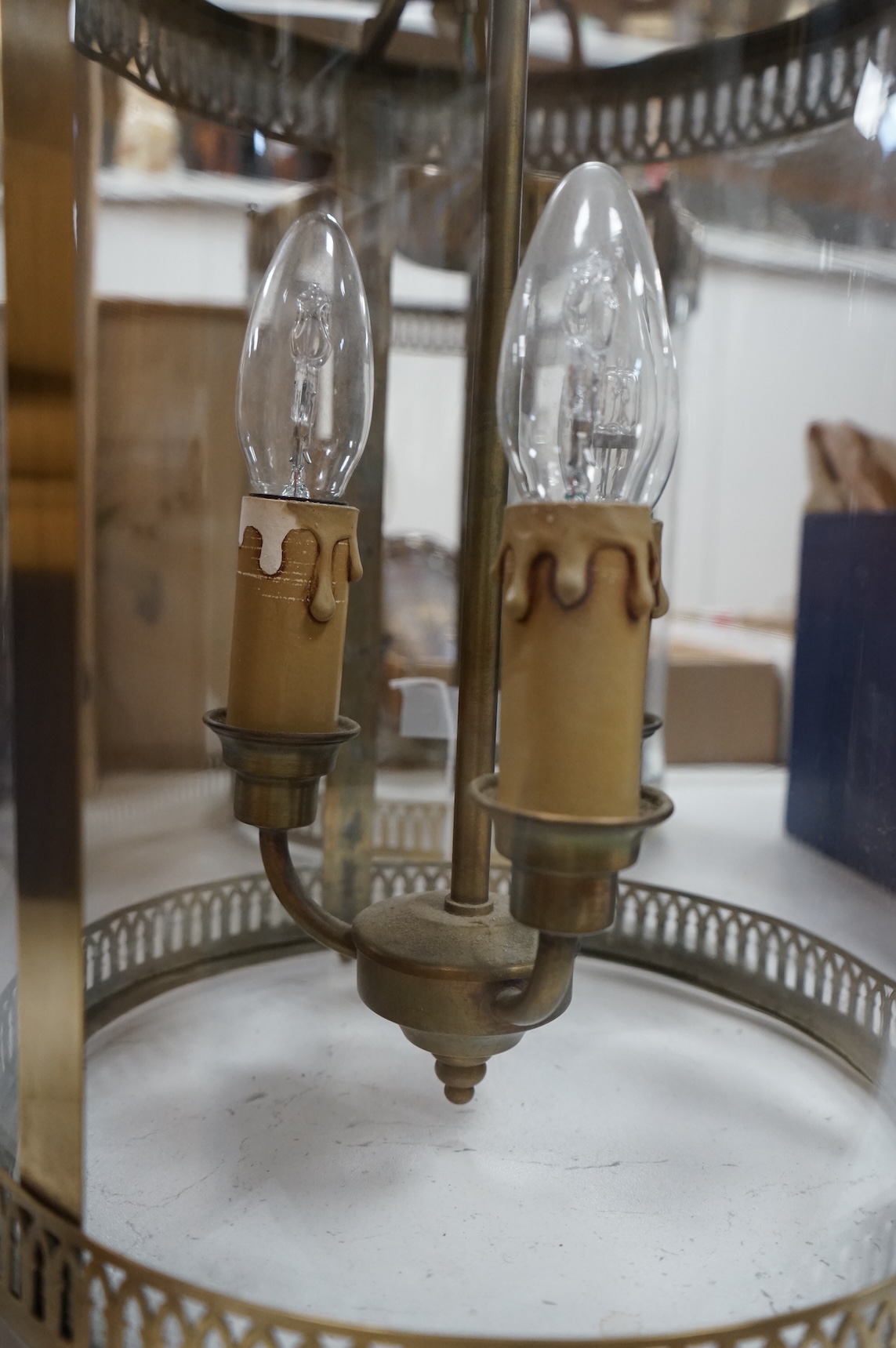A pair of French brass and glass three light cylindrical lanterns, 65cm high overall